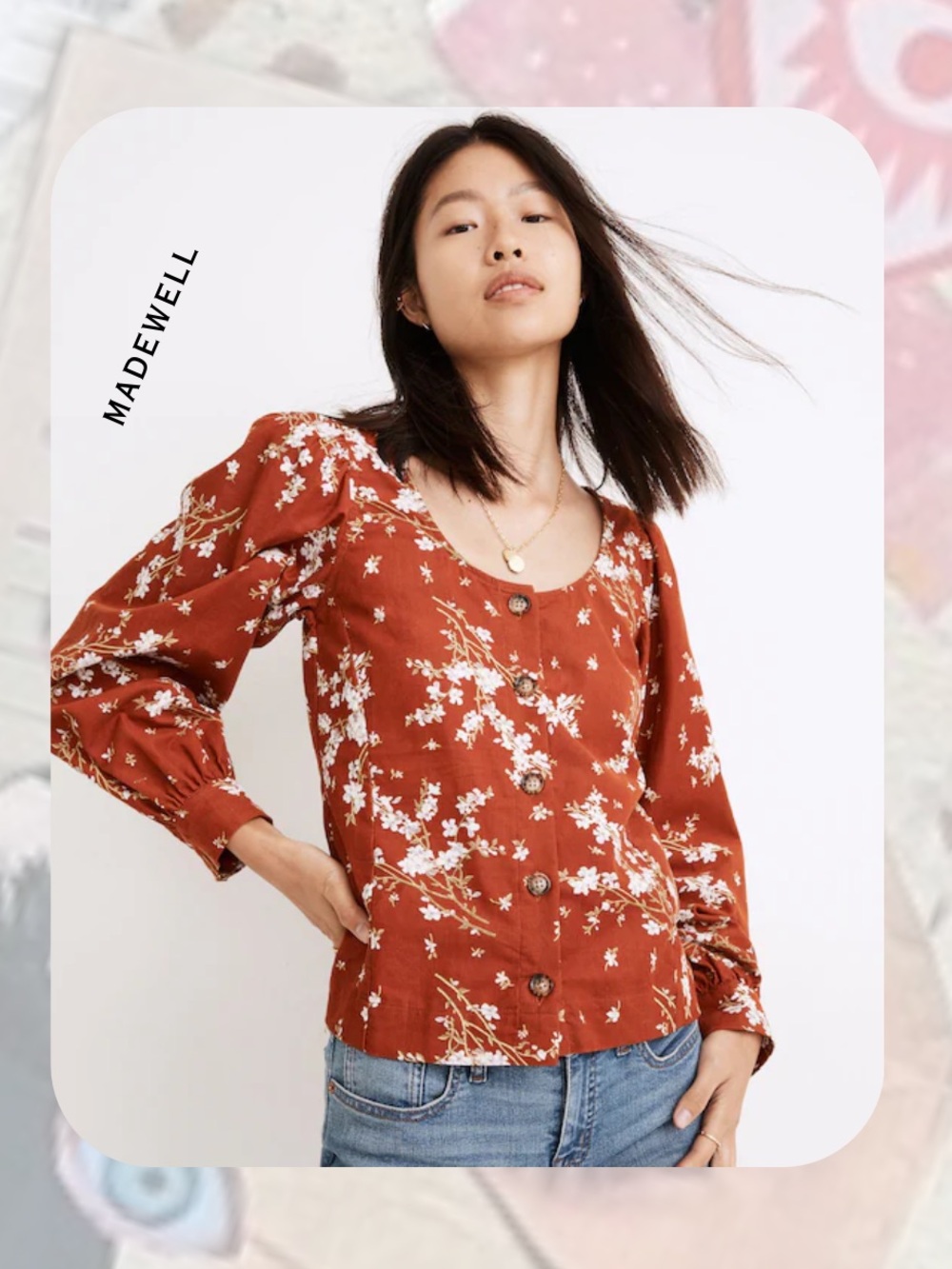 Madewell Floral Button-Front Long Sleeve Boho 70s Vibe Blouse